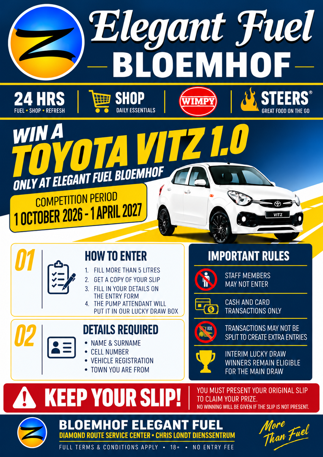 Elegant Fuel Bloemhof competition poster: Win a Toyota Vitz 1.0